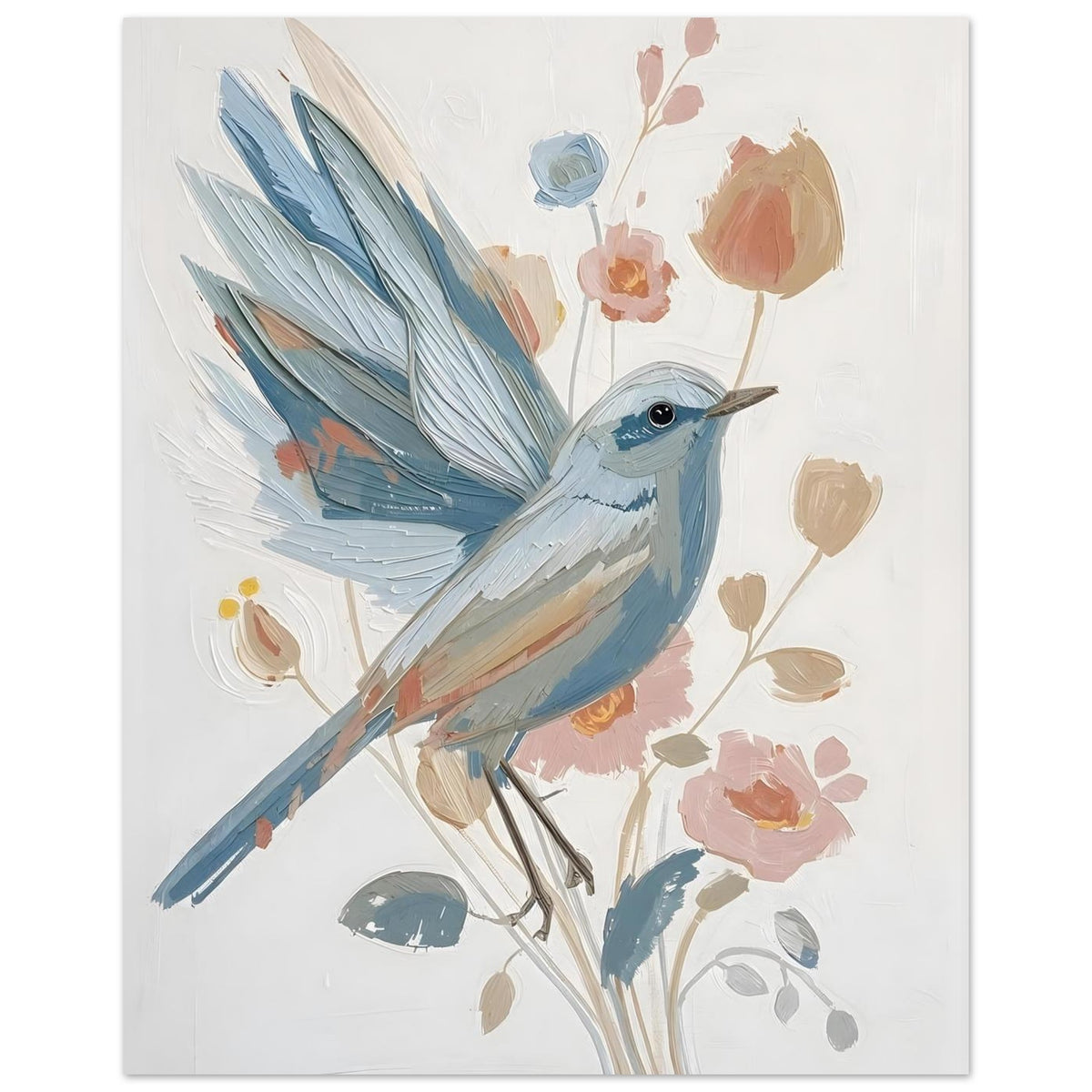 Abstract Impressionist Bird & Blossom Fine Art Poster - Soft Blue & Blush Hues 40x50 cm 16x20″
