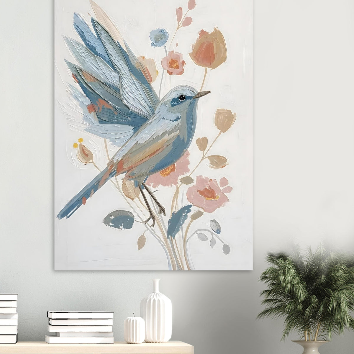Abstract Impressionist Bird & Blossom Fine Art Poster - Soft Blue & Blush Hues