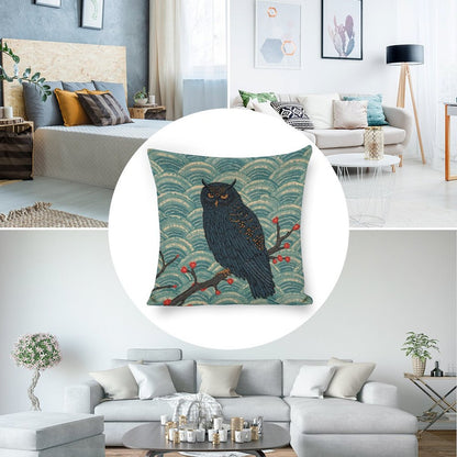 Nocturne Owl Linen Cushion Pillow Cover — Double-Sided Print, 45×45cm