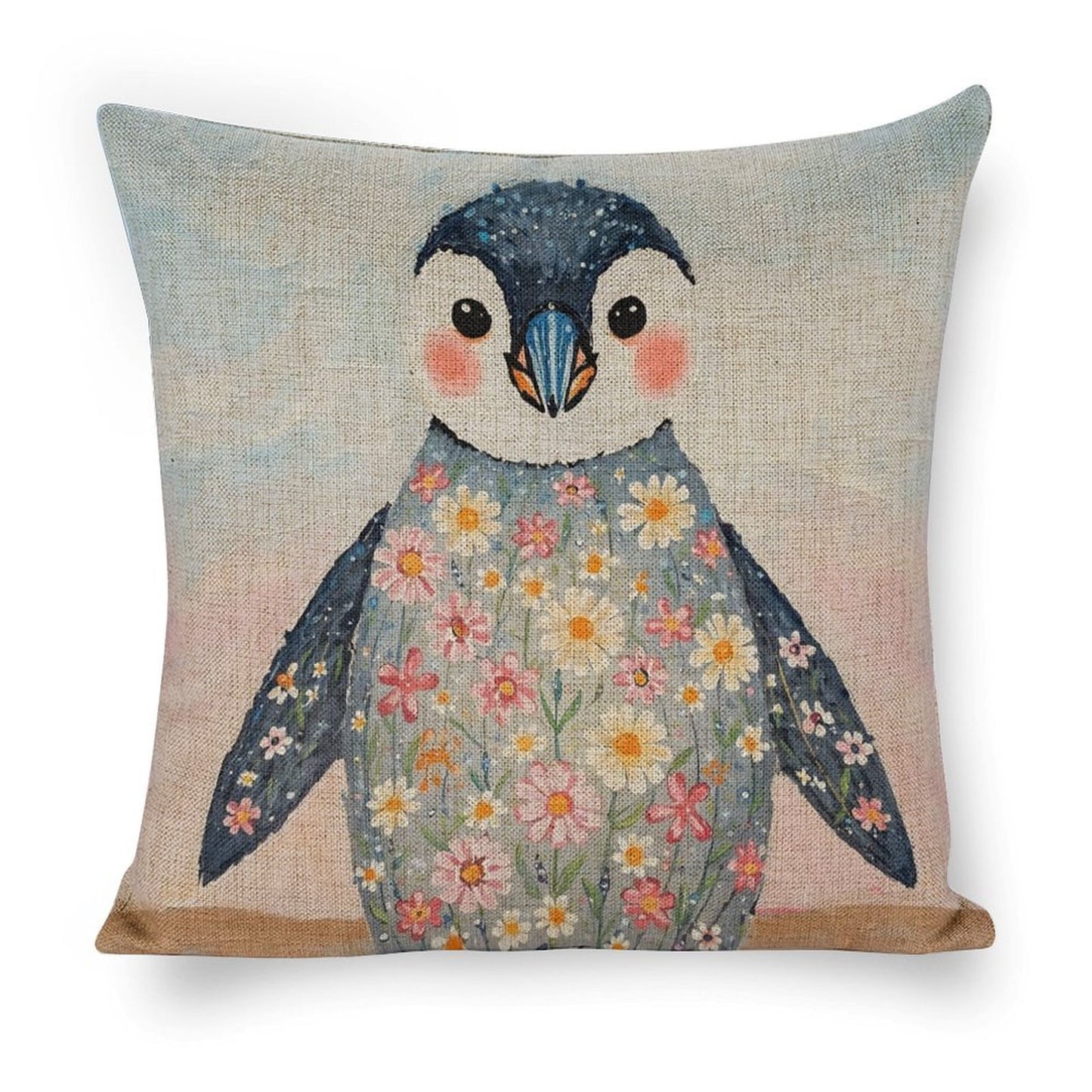 Floral Penguin Linen Cushion Pillow Cover — Double-Sided Print, 45×45cm rice white 18"×18"