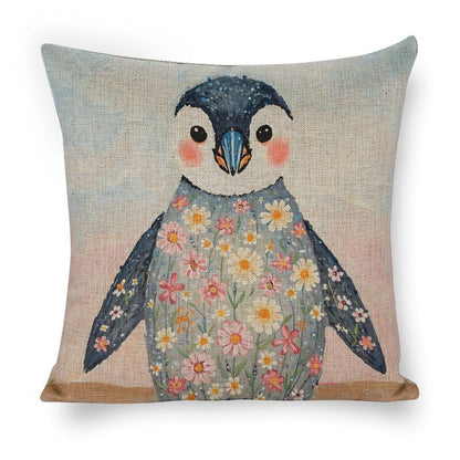 Floral Penguin Linen Cushion Pillow Cover — Double-Sided Print, 45×45cm rice white 18"×18"