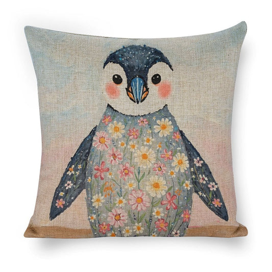 Floral Penguin Linen Cushion Pillow Cover — Double-Sided Print, 45×45cm rice white 18"×18"