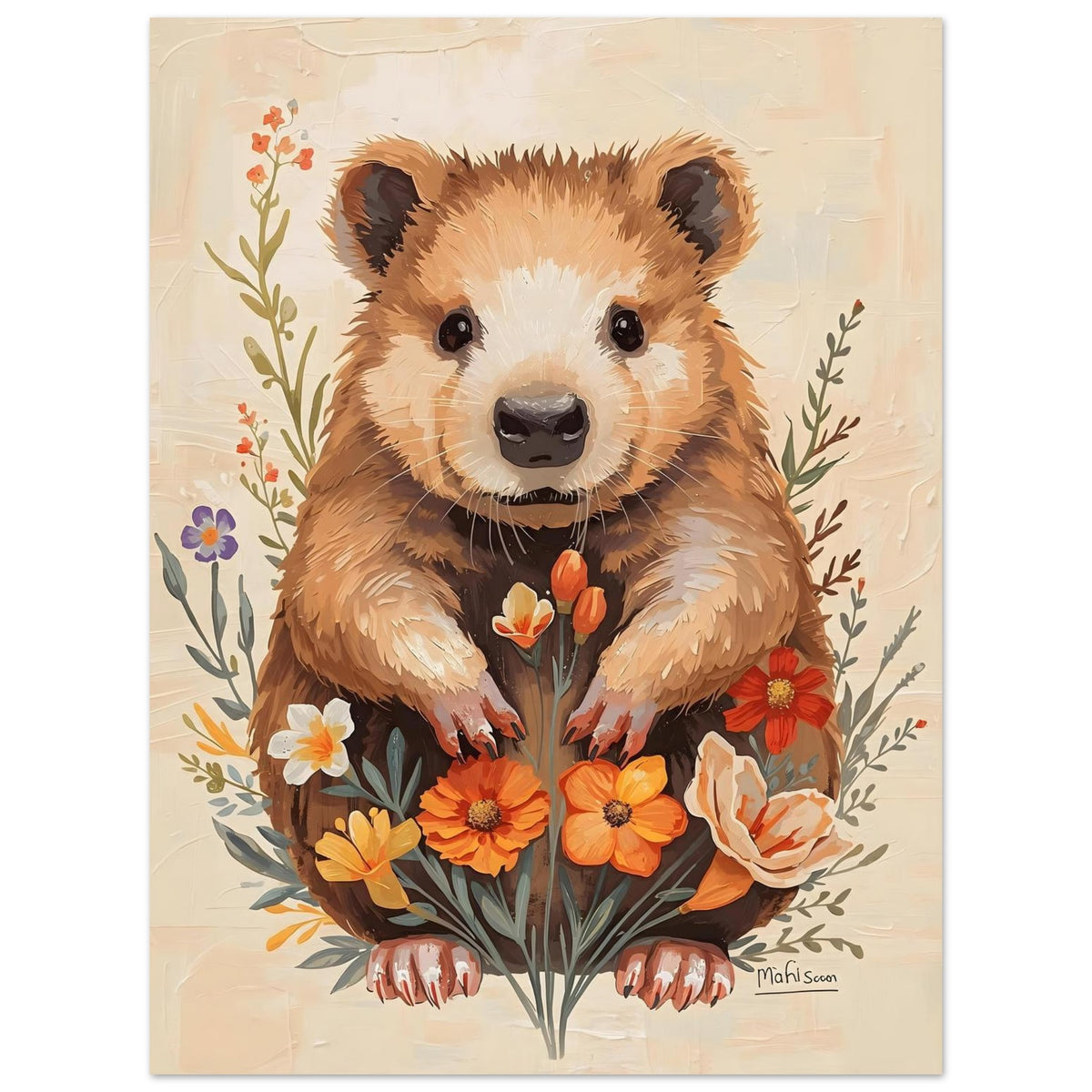 Charming Wildflower Critter Fine Art Poster in Warm Earthy Tones 75x100 cm 30x40″