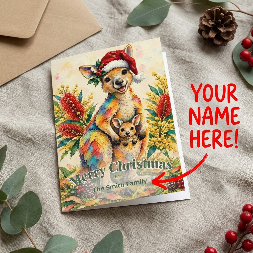 Personalised Kangaroo Christmas Folded Greeting Card | Australian Animals