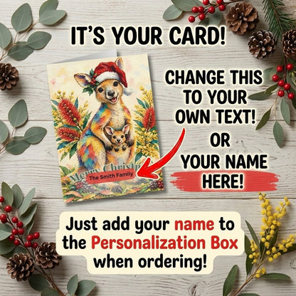 Personalised Christmas Cards Pack of 10 with Envelopes, Custom Family Name Kangaroo Christmas Card, Australian Animals Xmas (US and CA)