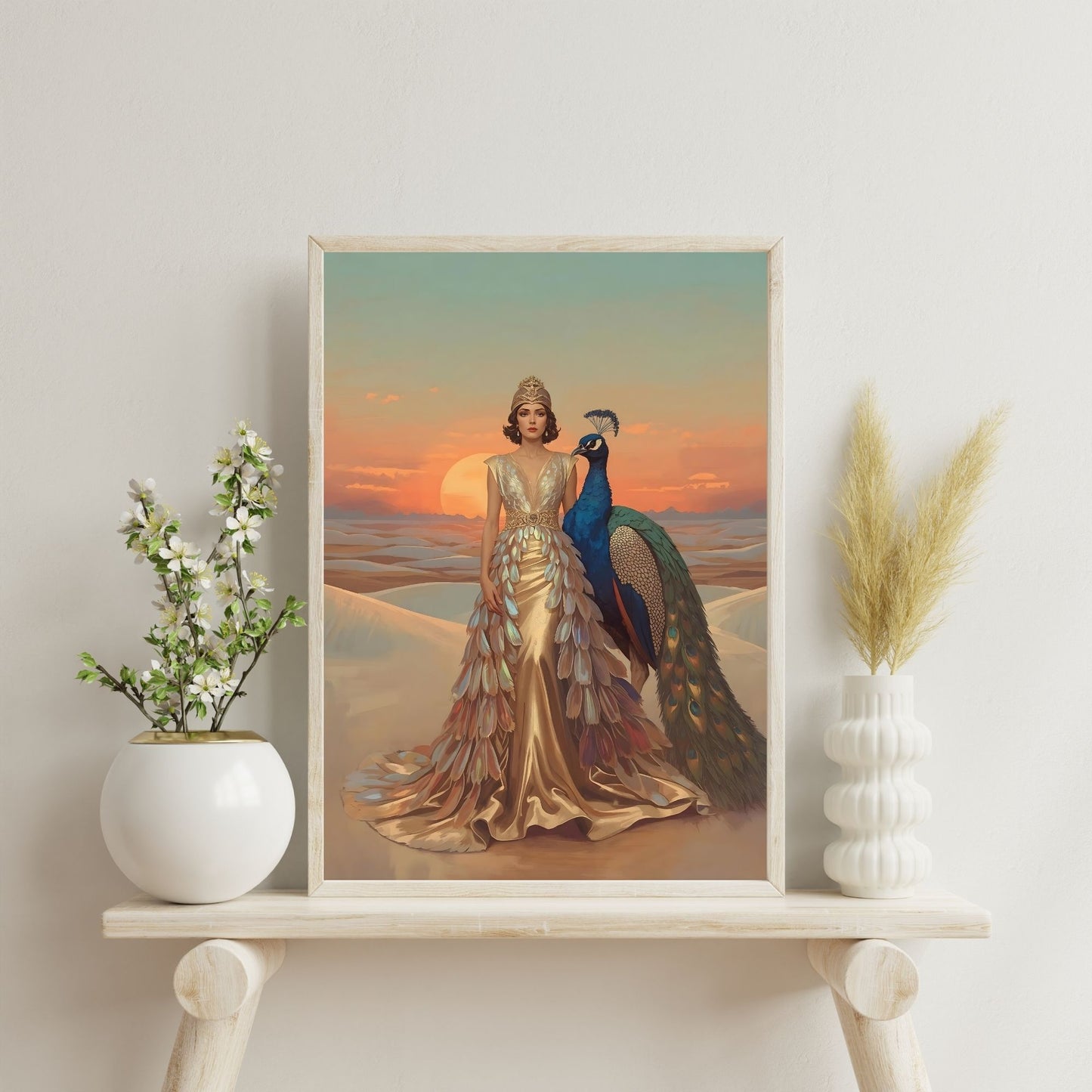 Desert Queen & Peacock Fine Art Poster – A Vibrant Oasis of Style
