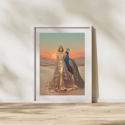 Desert Queen & Peacock Fine Art Poster – A Vibrant Oasis of Style
