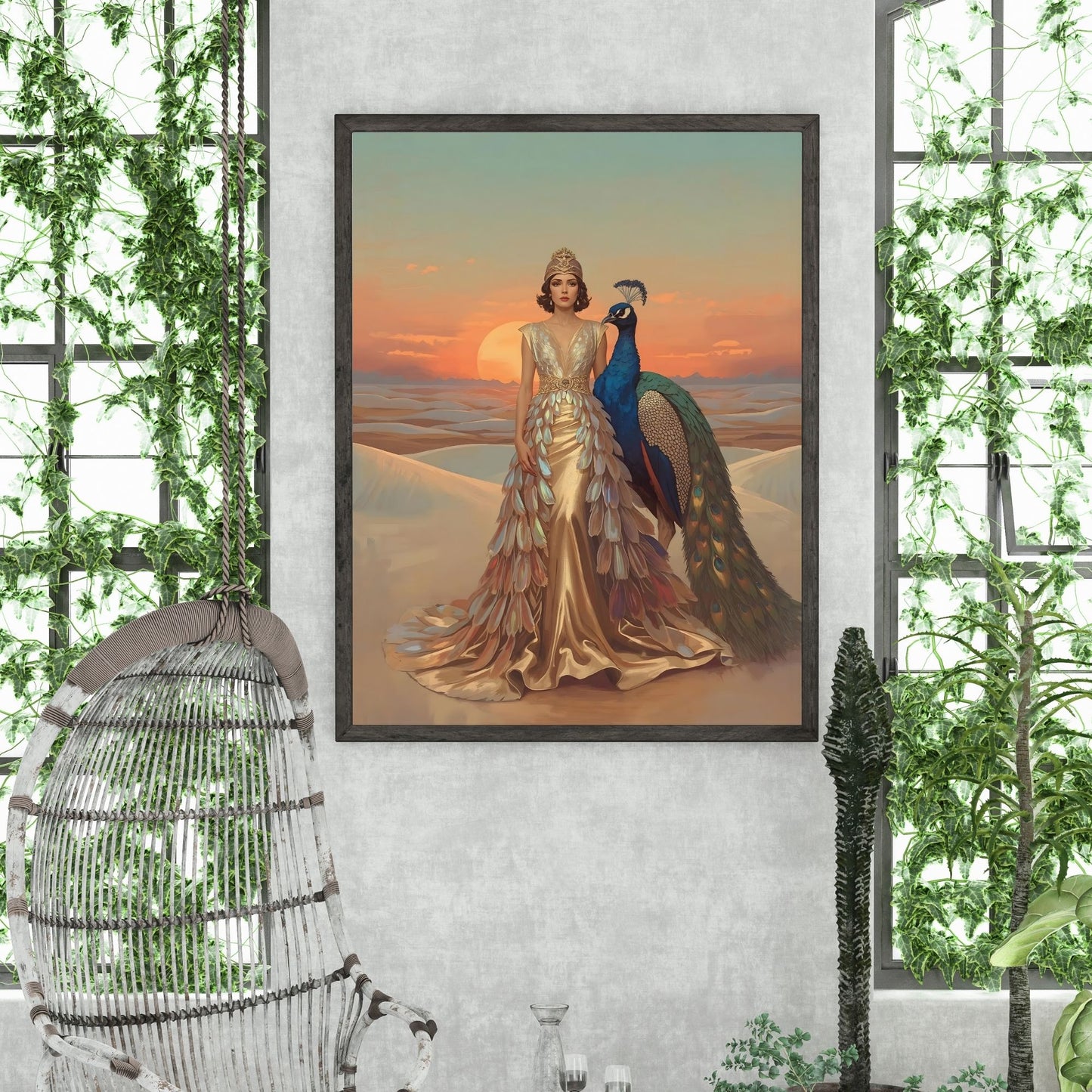 Desert Queen & Peacock Fine Art Poster – A Vibrant Oasis of Style