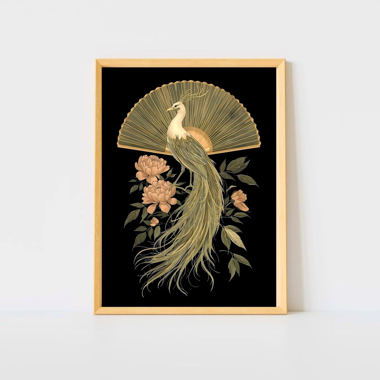 Elegant Golden Peacock & Peony Fine Art Poster - Timeless Asian-Inspired Decor