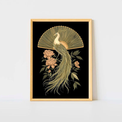 Elegant Golden Peacock & Peony Fine Art Poster - Timeless Asian-Inspired Decor
