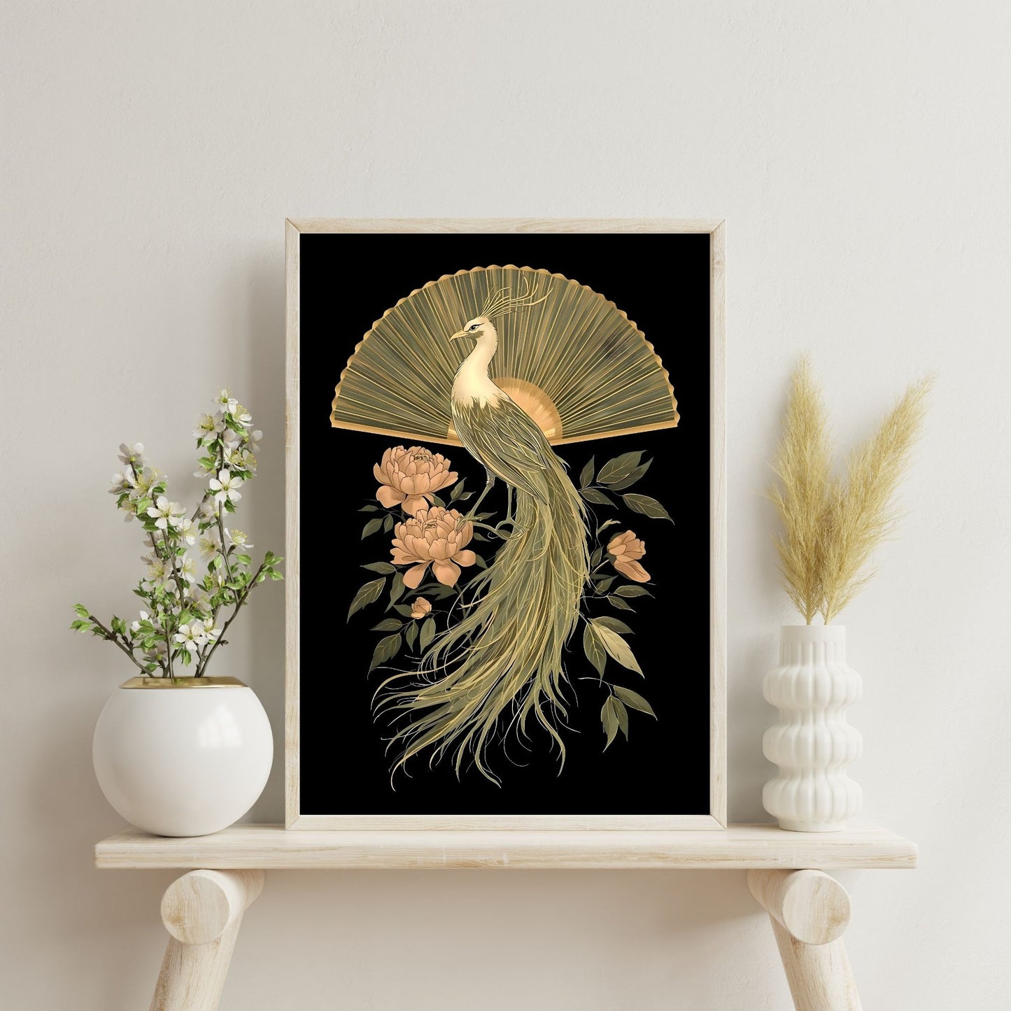 Elegant Golden Peacock & Peony Fine Art Poster - Timeless Asian-Inspired Decor