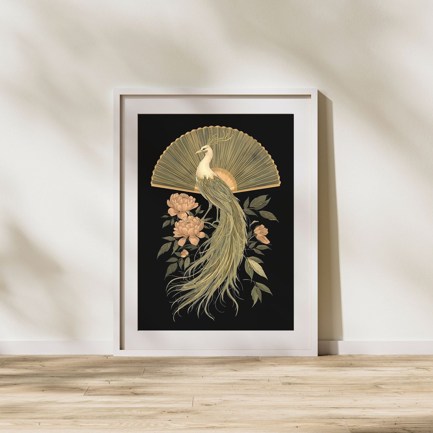 Elegant Golden Peacock & Peony Fine Art Poster - Timeless Asian-Inspired Decor