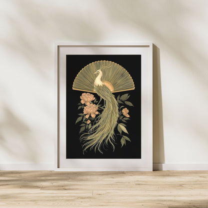 Elegant Golden Peacock & Peony Fine Art Poster - Timeless Asian-Inspired Decor