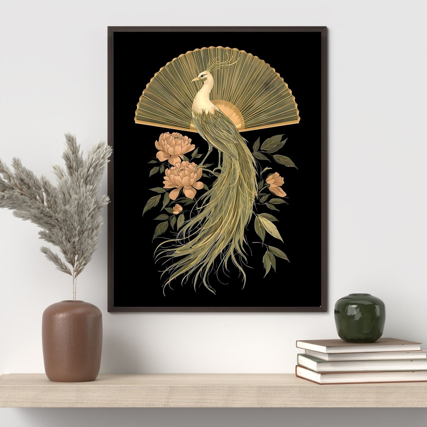 Elegant Golden Peacock & Peony Fine Art Poster - Timeless Asian-Inspired Decor