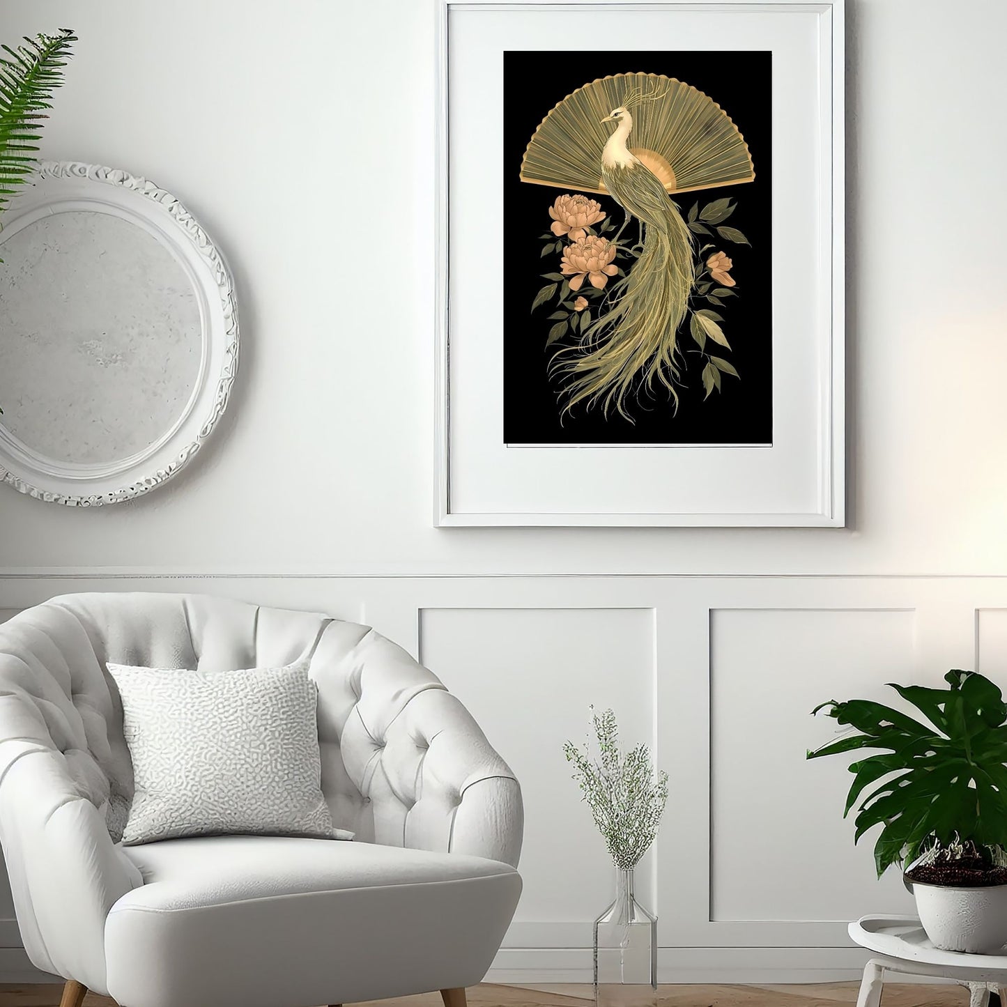 Elegant Golden Peacock & Peony Fine Art Poster - Timeless Asian-Inspired Decor