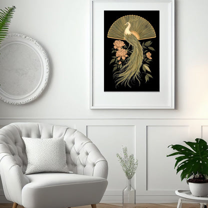 Elegant Golden Peacock & Peony Fine Art Poster - Timeless Asian-Inspired Decor