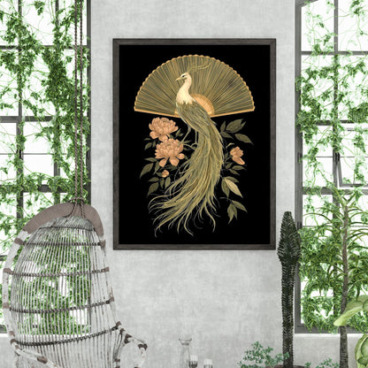 Elegant Golden Peacock & Peony Fine Art Poster - Timeless Asian-Inspired Decor