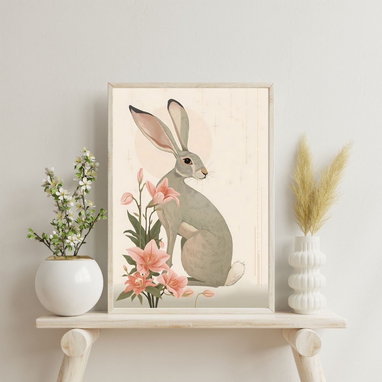 Enchanted Rabbit & Lilies Fine Art Poster - Whimsical Nature Decor in Various Sizes
