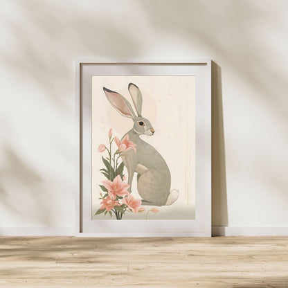 Enchanted Rabbit & Lilies Fine Art Poster - Whimsical Nature Decor in Various Sizes