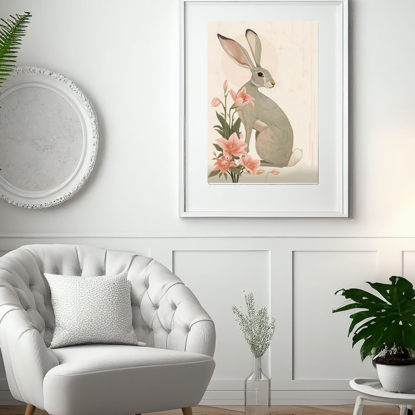 Enchanted Rabbit & Lilies Fine Art Poster - Whimsical Nature Decor in Various Sizes
