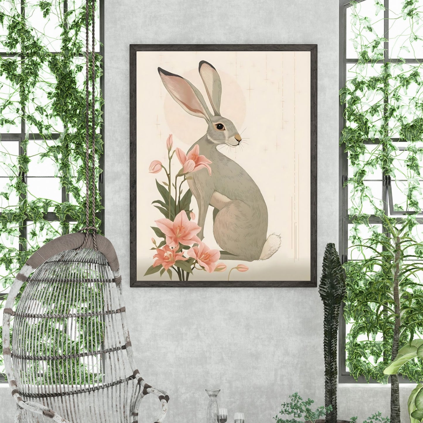 Enchanted Rabbit & Lilies Fine Art Poster - Whimsical Nature Decor in Various Sizes