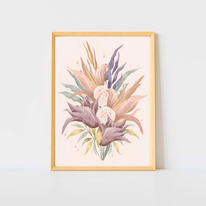 Bohemian Bloom Fine Art Poster - Pastel Floral Elegance with Gold Accents