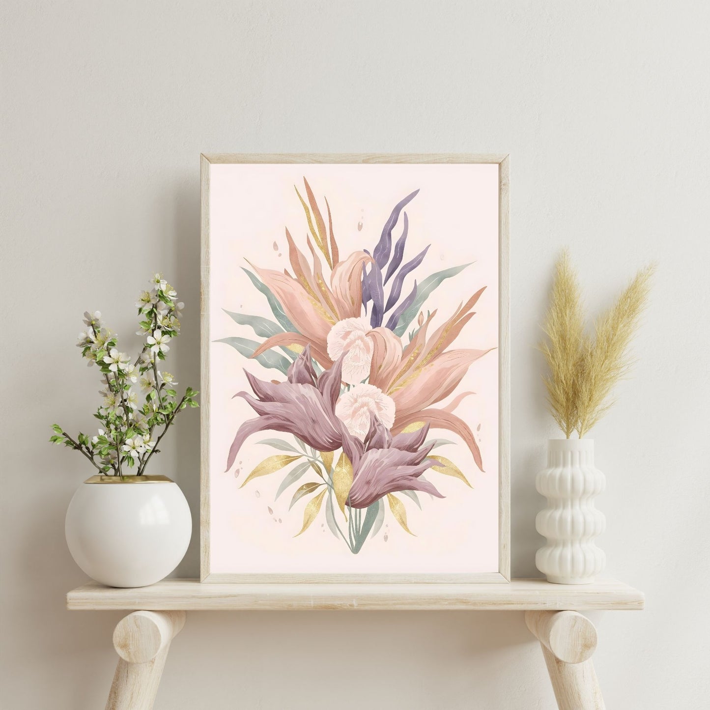 Bohemian Bloom Fine Art Poster - Pastel Floral Elegance with Gold Accents