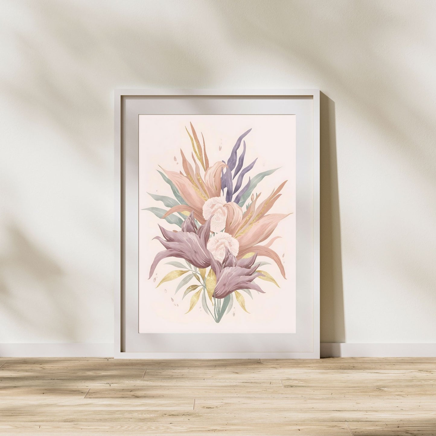 Bohemian Bloom Fine Art Poster - Pastel Floral Elegance with Gold Accents