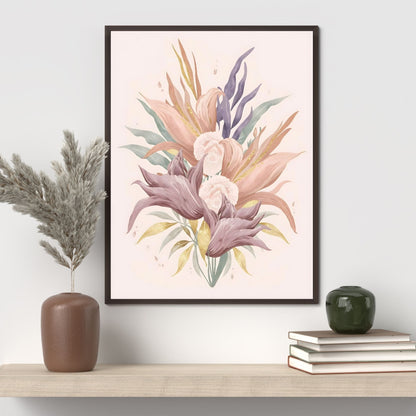 Bohemian Bloom Fine Art Poster - Pastel Floral Elegance with Gold Accents