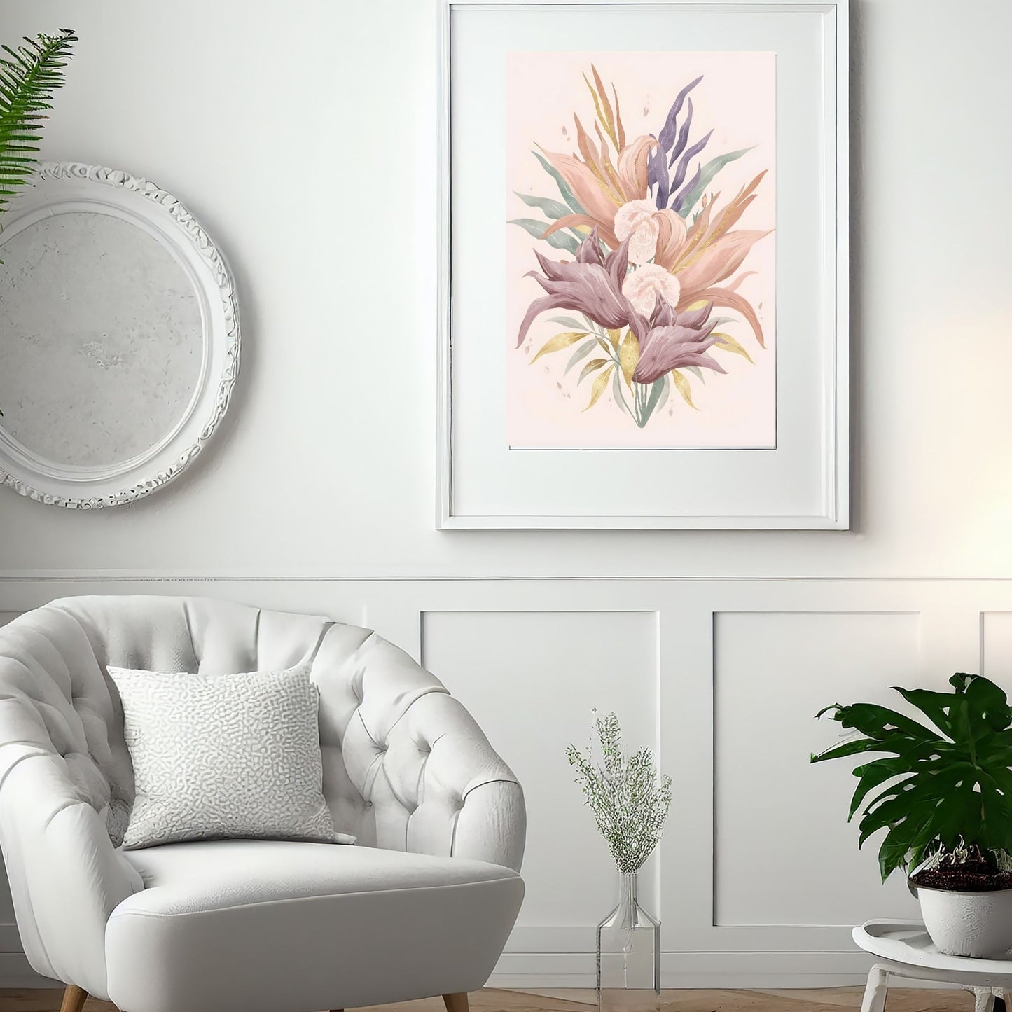 Bohemian Bloom Fine Art Poster - Pastel Floral Elegance with Gold Accents