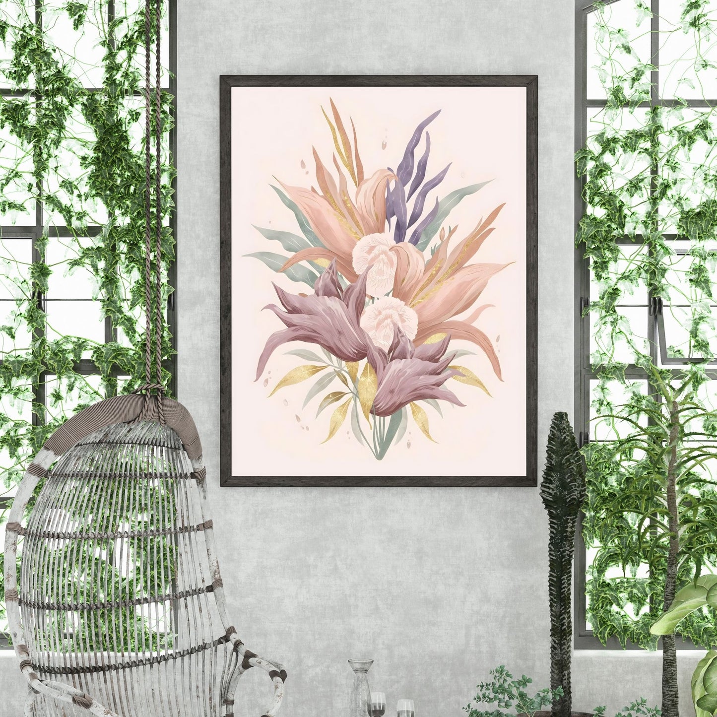Bohemian Bloom Fine Art Poster - Pastel Floral Elegance with Gold Accents