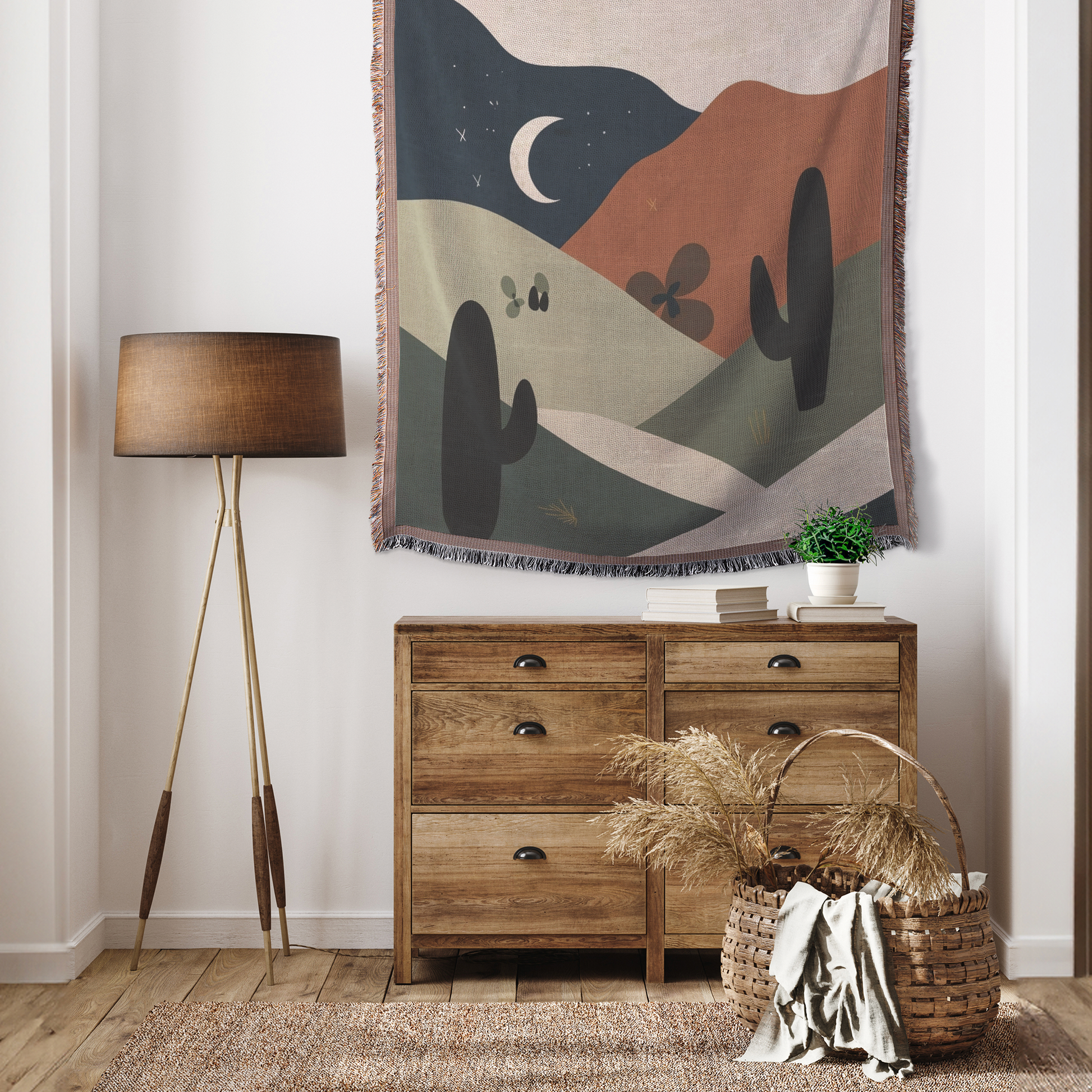 Desert Night Woven Blanket | Moonlit Cactus Landscape Throw | Boho Western Home Décor with Fringe