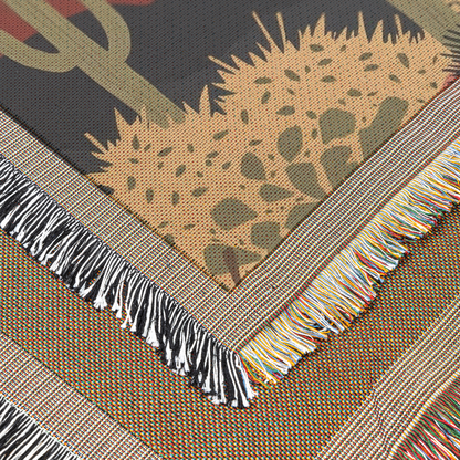 Desert Sunset Woven Blanket | Cactus Landscape Printed Throw | Boho Western Home Décor with Fringe Edge