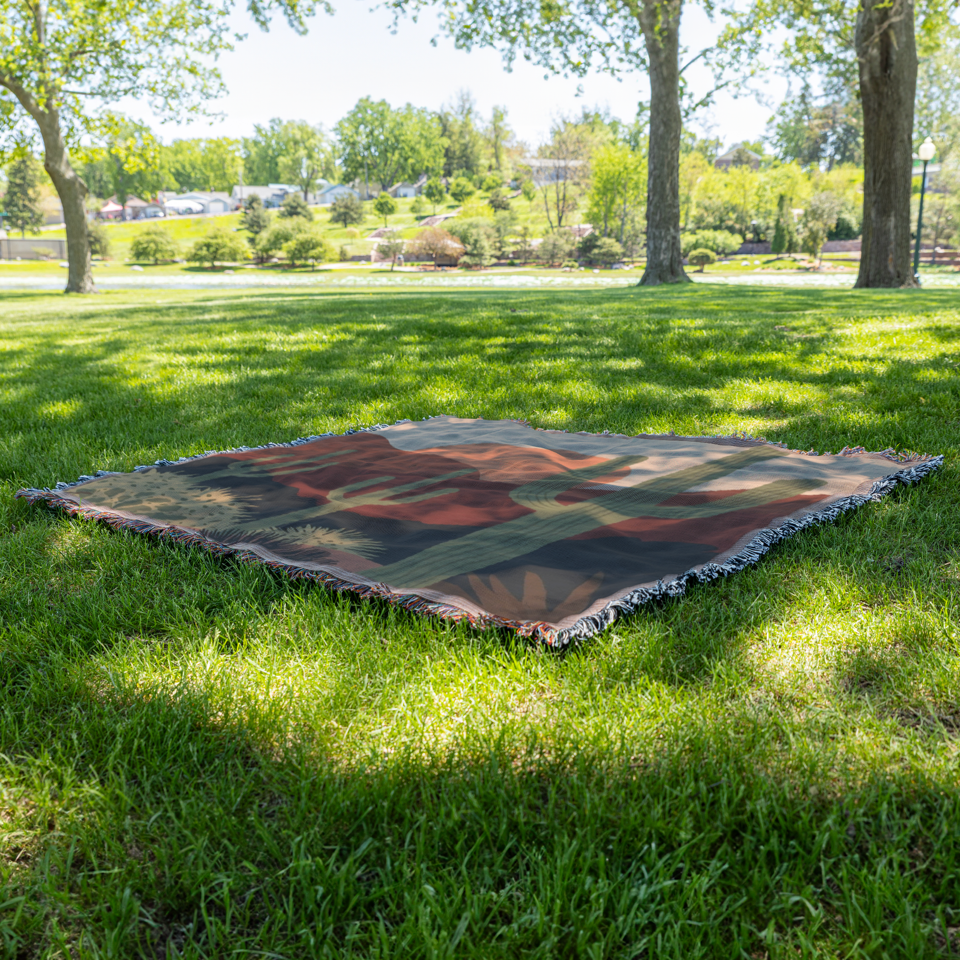 Desert Sunset Woven Blanket | Cactus Landscape Printed Throw | Boho Western Home Décor with Fringe Edge
