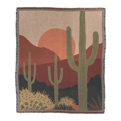 Desert Sunset Woven Blanket | Cactus Landscape Printed Throw | Boho Western Home Décor with Fringe Edge Default Title