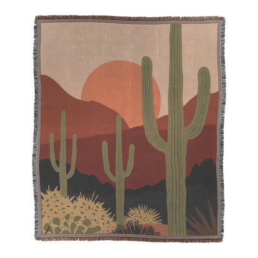 Desert Sunset Woven Blanket | Cactus Landscape Printed Throw | Boho Western Home Décor with Fringe Edge Default Title