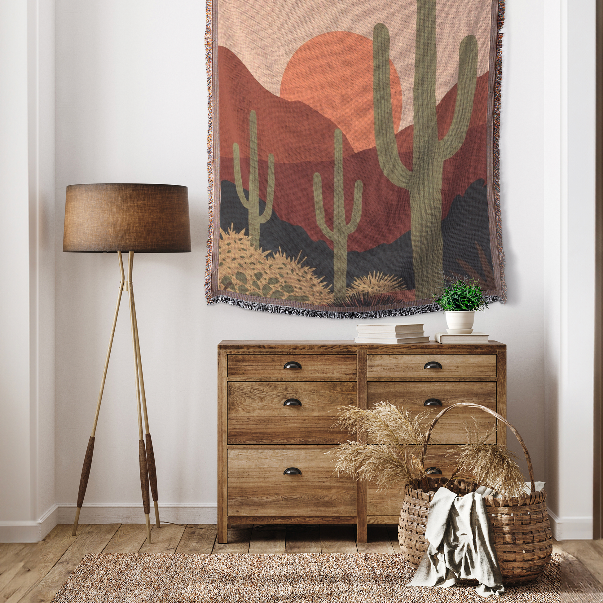 Desert Sunset Woven Blanket | Cactus Landscape Printed Throw | Boho Western Home Décor with Fringe Edge