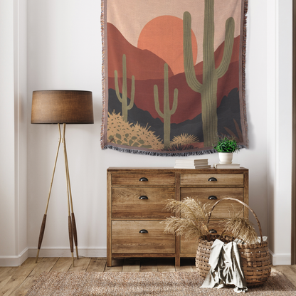 Desert Sunset Woven Blanket | Cactus Landscape Printed Throw | Boho Western Home Décor with Fringe Edge