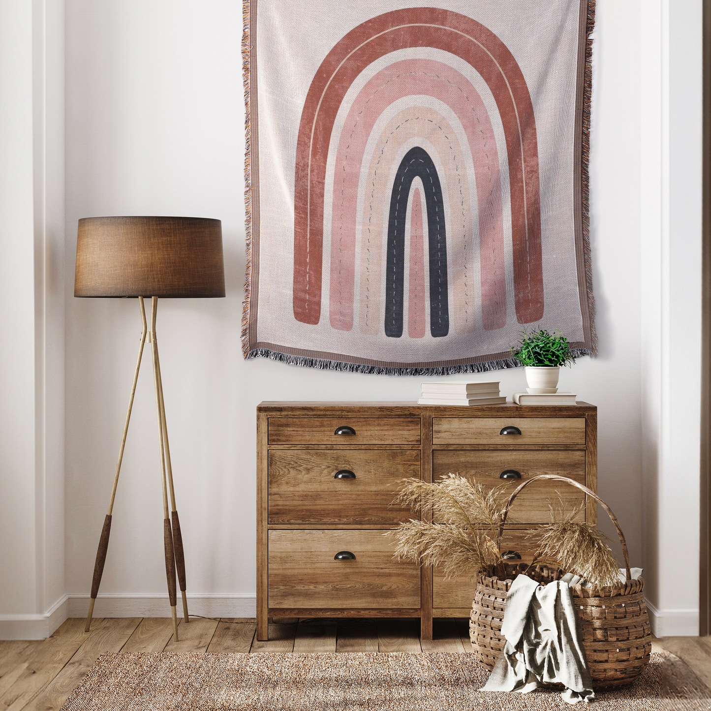 Boho Rainbow Woven Blanket | Neutral Nursery Printed Throw | Cozy Minimalist Home Décor with Fringe