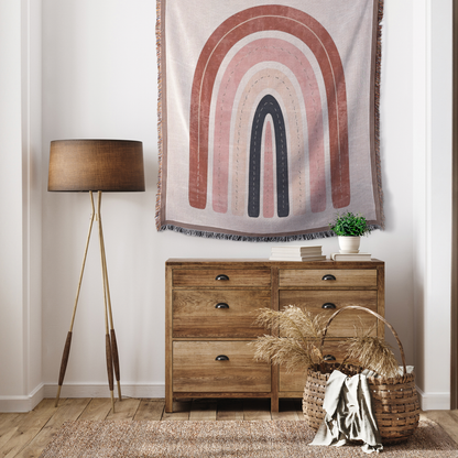 Boho Rainbow Woven Blanket | Neutral Nursery Printed Throw | Cozy Minimalist Home Décor with Fringe