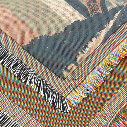 Paris Eiffel Tower Woven Blanket | Modern Travel Art Printed Throw | Parisian Home Décor with Fringe