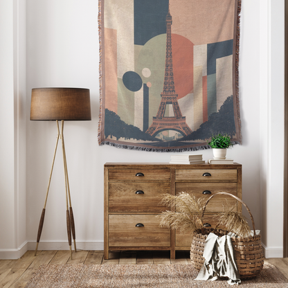 Paris Eiffel Tower Woven Blanket | Modern Travel Art Printed Throw | Parisian Home Décor with Fringe