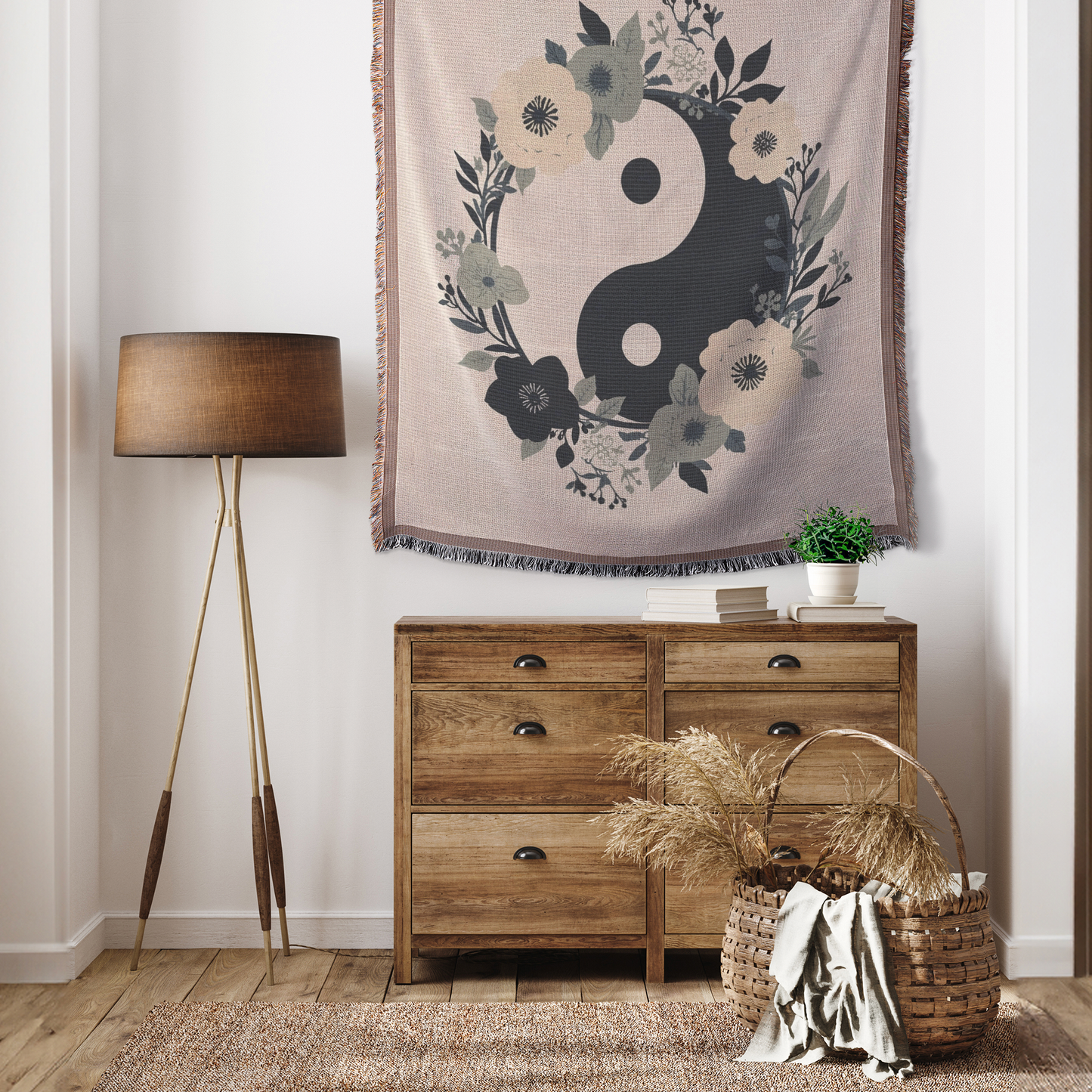 Floral Yin Yang Woven Blanket | Boho Balance Symbol Printed Throw | Cozy Meditation & Wellness Home Décor