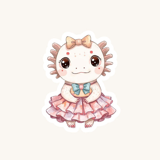 Axolotl Ballerina Pink Tutu | Kawaii | White Gloss Vinyl | Die-Cut Sticker