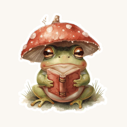 Reading Mushroom Frog Bookish | Cottagecore | White Vinyl | Die-Cut Sticker