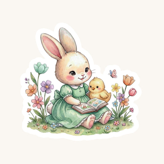 Easter Bunny Reading Spring Storytime | Easter Decal | White Vinyl | Die-Cut Sticker