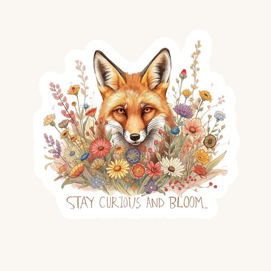 Stay Curious Fox in Wildflowers | Nature | White Gloss Vinyl | Die-Cut Sticker