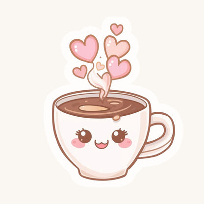 Coffee Cup of Love Smiling Mug | Kawaii Food | White Vinyl | Die-Cut Sticker