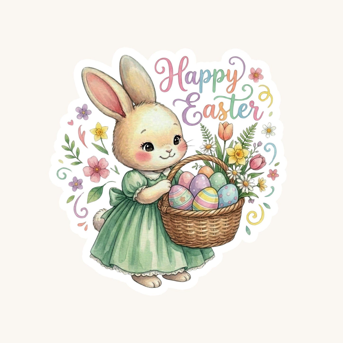 Happy Easter Bunny Spring Basket | Easter Decal | White Vinyl | Die-Cut Sticker