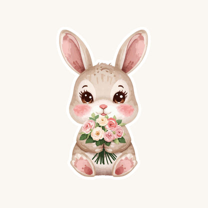 Bunny Bouquet Spring Flowers | Cottagecore | White Vinyl | Die-Cut Sticker